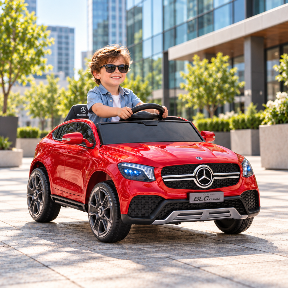 Bambino alla guida dell'auto elettrica per bambini Mercedes GLC Coupé