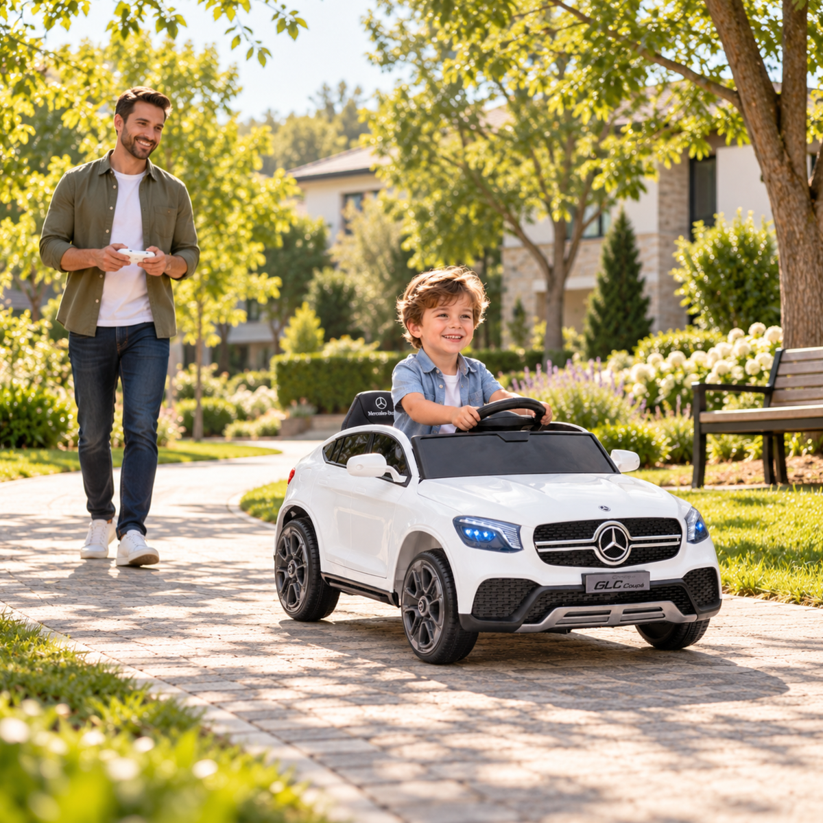 Bambino alla guida dell'auto elettrica per bambini Mercedes GLC Coupé con un adulto accanto
