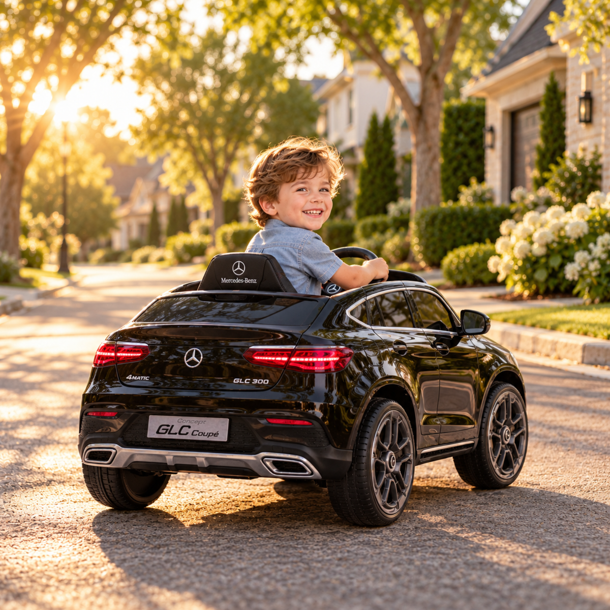 Bambino alla guida dell'auto elettrica per bambini Mercedes GLC Coupé