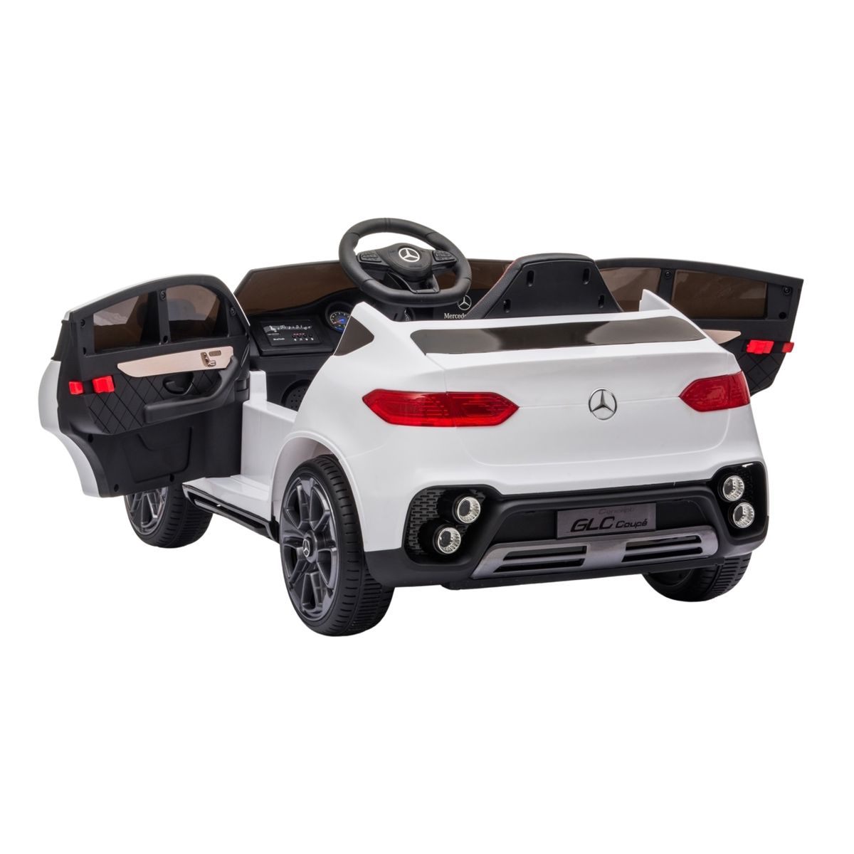 Auto elettrica per bambini Mercedes GLC Coupé con le portiere aperte in colore bianco