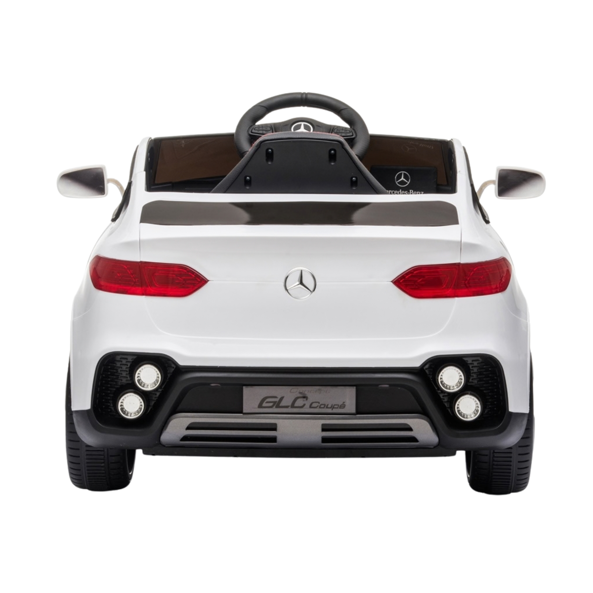 Auto elettrica per bambini Mercedes GLC Coupé vista da dietro in colore bianco