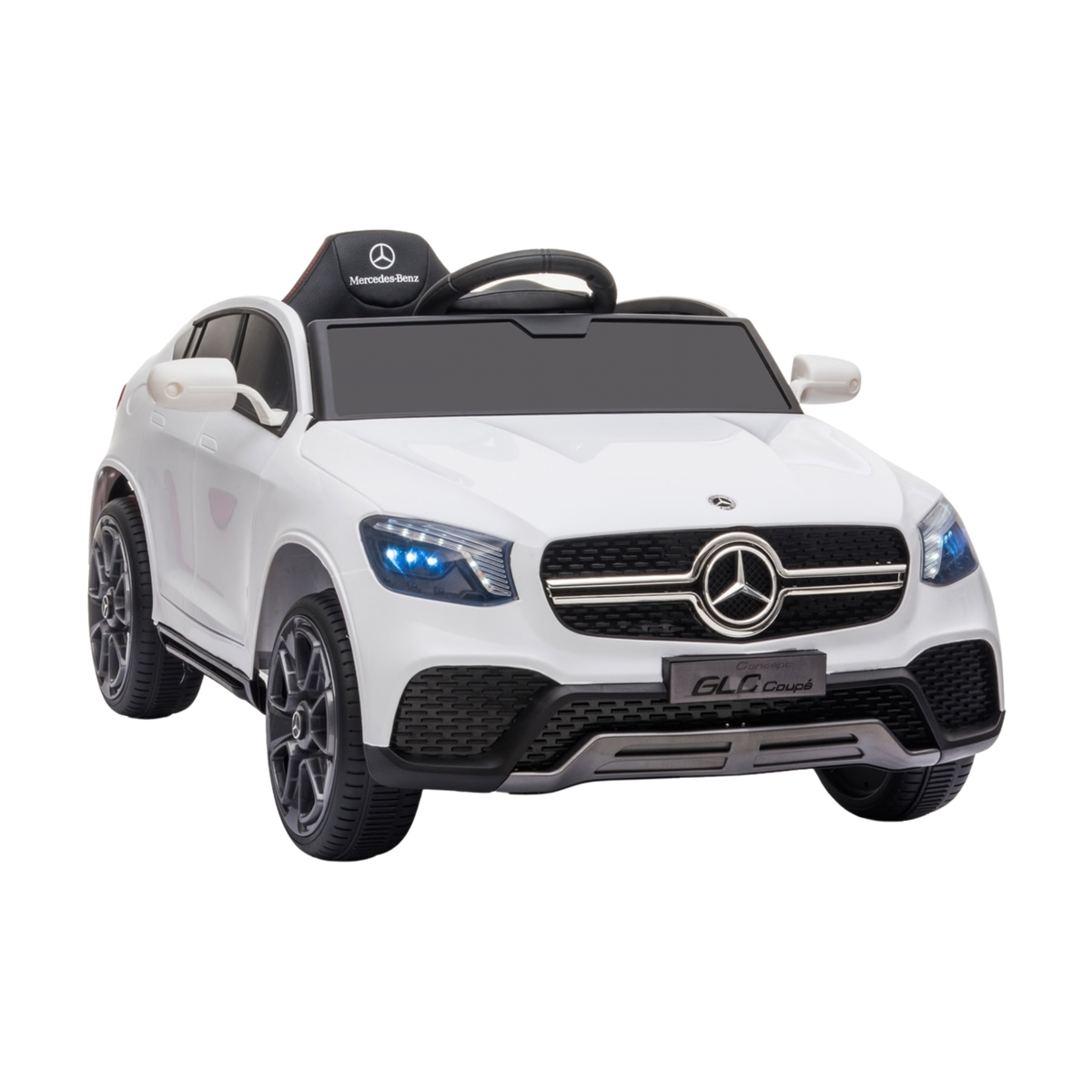 Auto elettrica per bambini Mercedes GLC Coupé vista di tre quarti in colore bianco