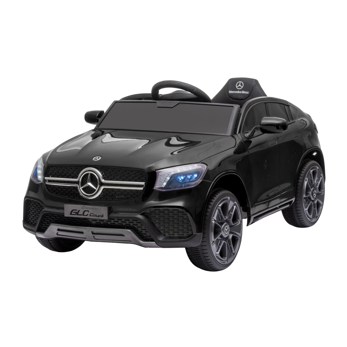 Auto elettrica per bambini Mercedes GLC Coupé vista di tre quarti in colore nero