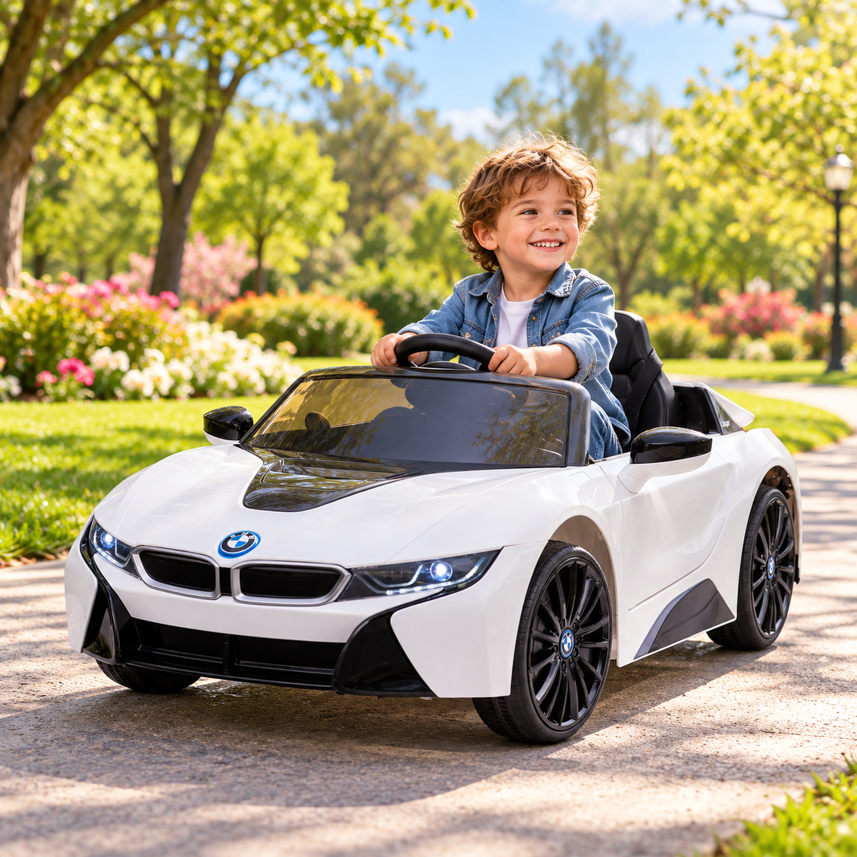 Bambino alla guida dell'auto elettrica per bambini BMW i8 Coupé in un parco