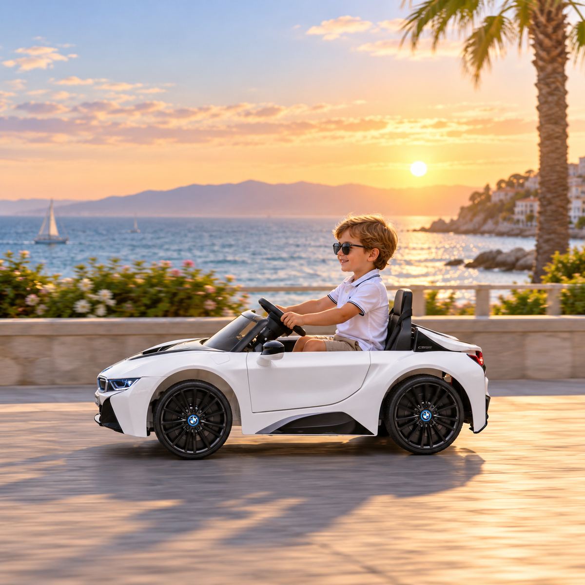 Bambino alla guida dell'auto elettrica per bambini BMW i8 Coupé in riva al mare