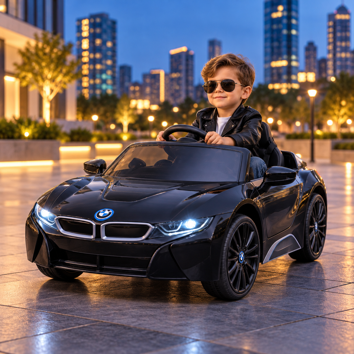 Bambino alla guida dell'auto elettrica per bambini BMW i8 Coupé