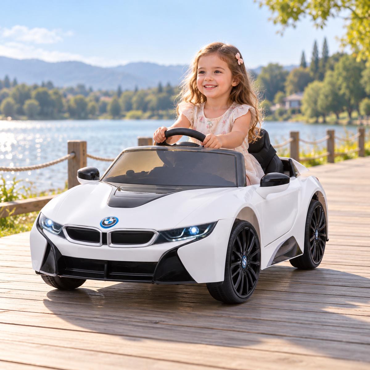 Bambino alla guida dell'auto elettrica per bambini BMW i8 Coupé in riva al mare, da un'altra angolazione