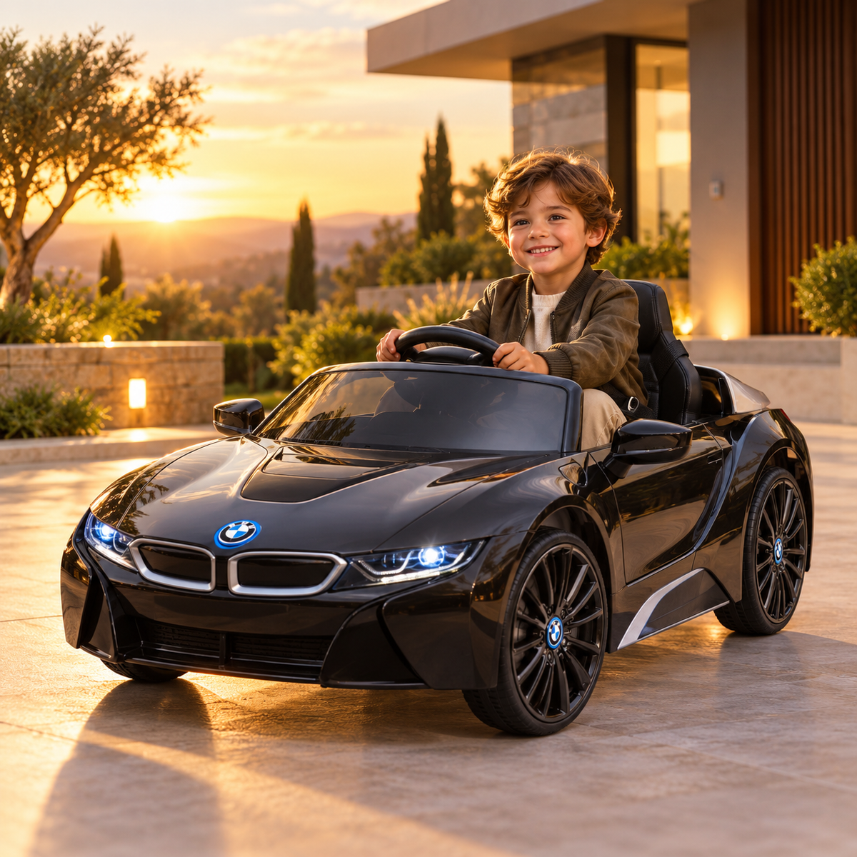 Bambino alla guida dell'auto elettrica per bambini BMW i8 Coupé, in primo piano