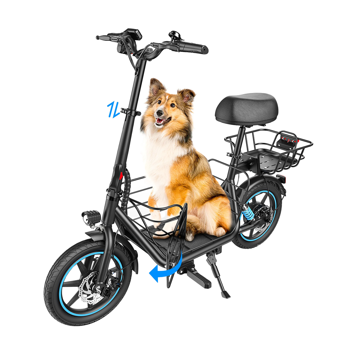 GYROOR C1 Plus nero con sella, cestino posteriore e cerchi blu, un cane è seduto sulla pedana
