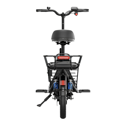 GYROOR C1 Plus visto direttamente da dietro con sella, cestino posteriore, fanale posteriore rosso, ammortizzatore blu e pedane