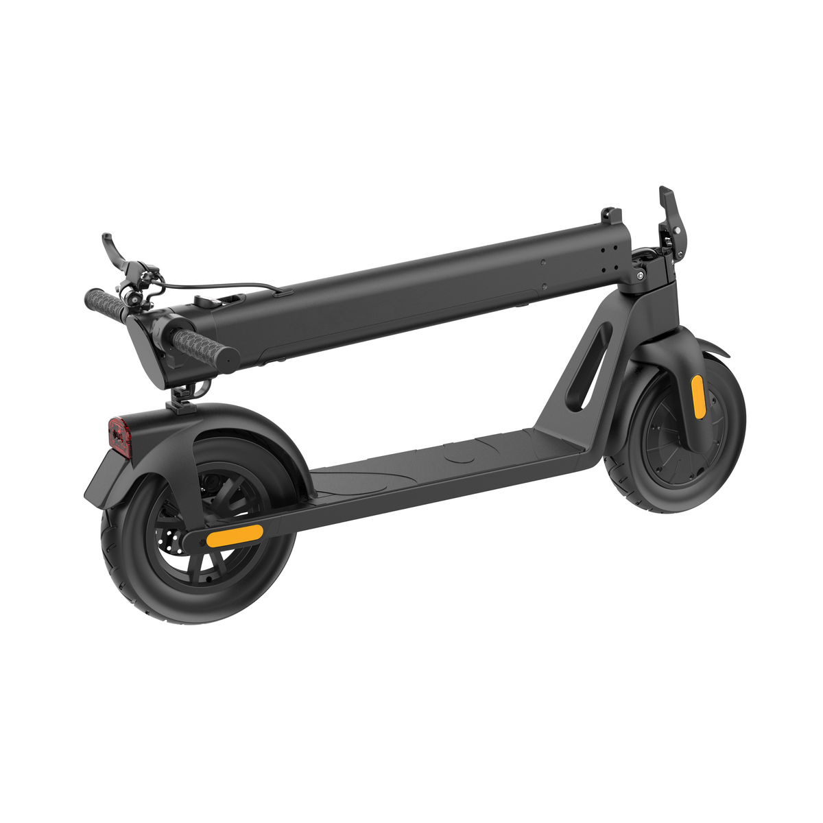 Monopattino elettrico HX D01 piegato, visto di tre quarti da dietro