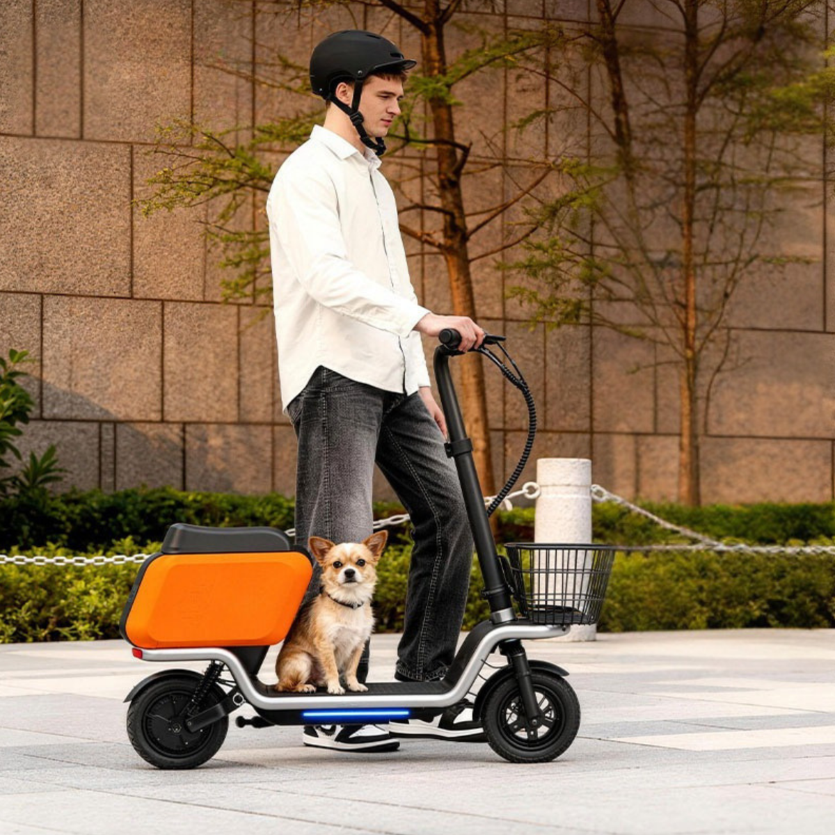 Uomo in piedi con il monopattino elettrico HX S20 con un cane