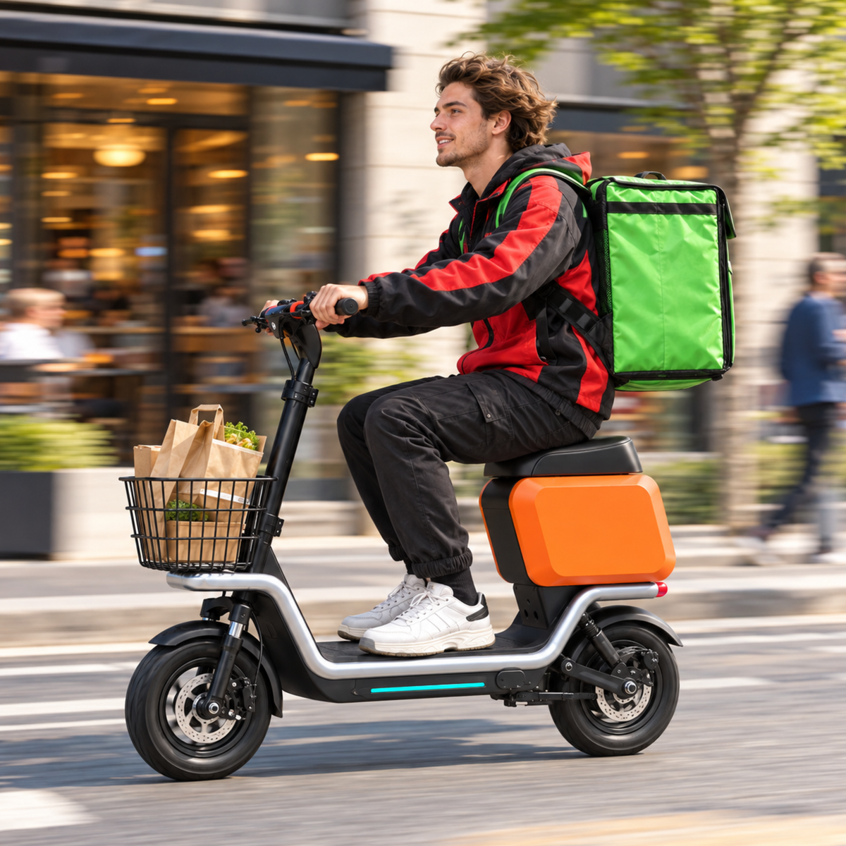 Uomo alla guida del monopattino elettrico HX S20 seduto in una strada