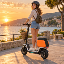Donna in piedi con il monopattino elettrico HX S20 al tramonto