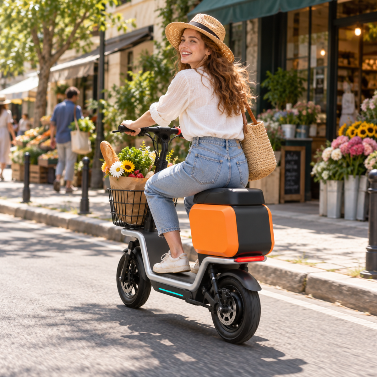 Donna alla guida del monopattino elettrico HX S20 seduta in una strada