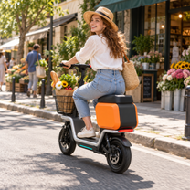 Donna alla guida del monopattino elettrico HX S20 seduta in una strada