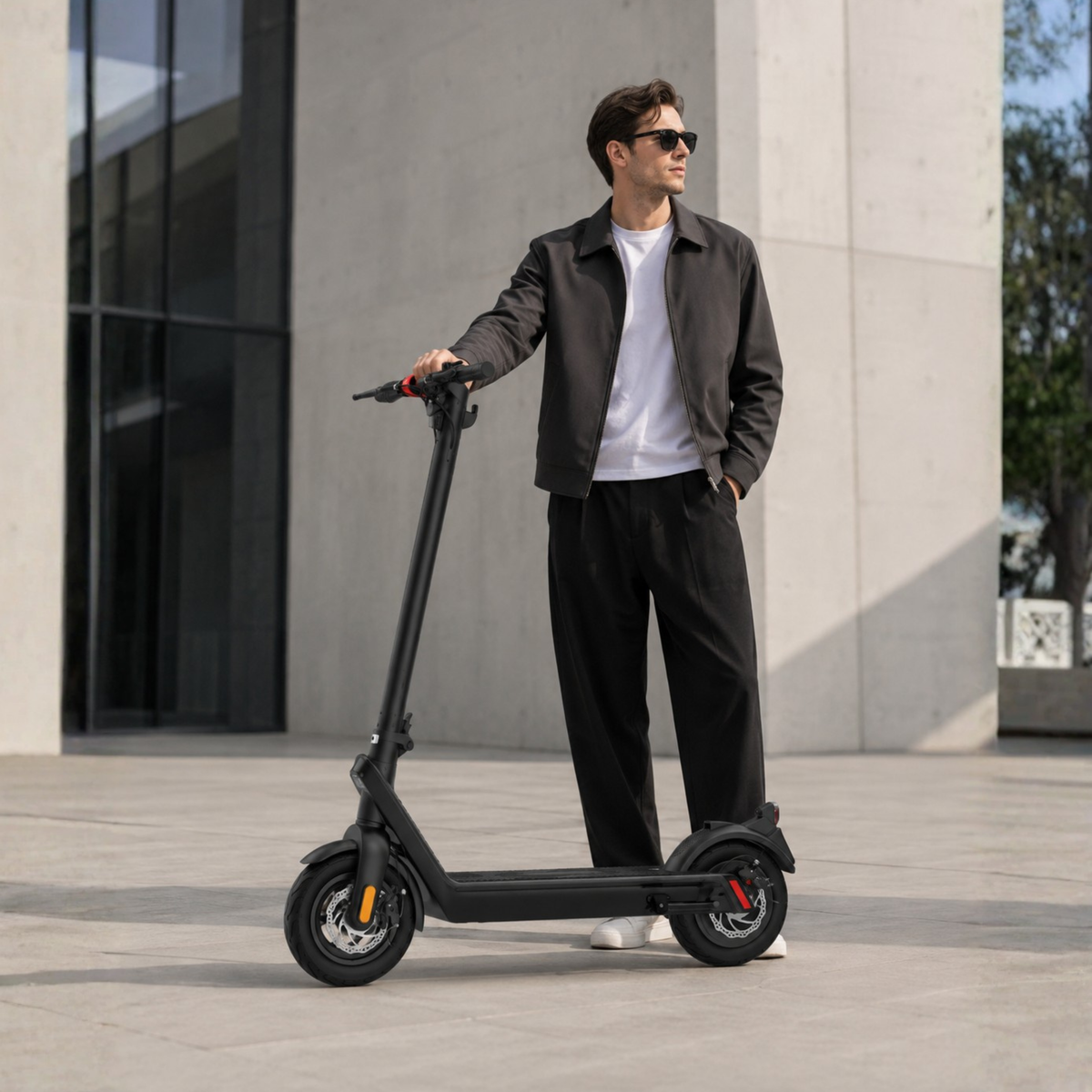 Uomo in piedi con il monopattino elettrico HX X9 Pro Max in città