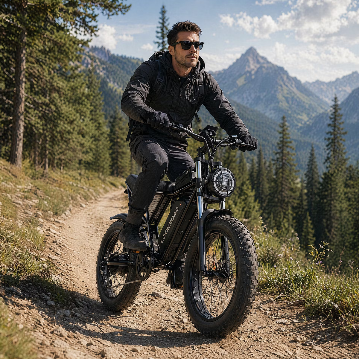 Pilota con la fat bike elettrica LOOKROAD L20 in fuoristrada