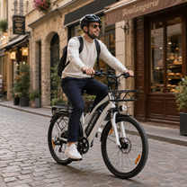 Uomo alla guida della bici elettrica LOOKROAD L28 in città