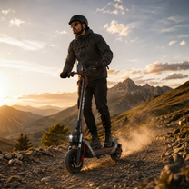 Pilota con il monopattino elettrico NAVEE NT5 Max in fuoristrada al tramonto