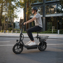 Uomo alla guida del monopattino elettrico Nanrobot M5 in città