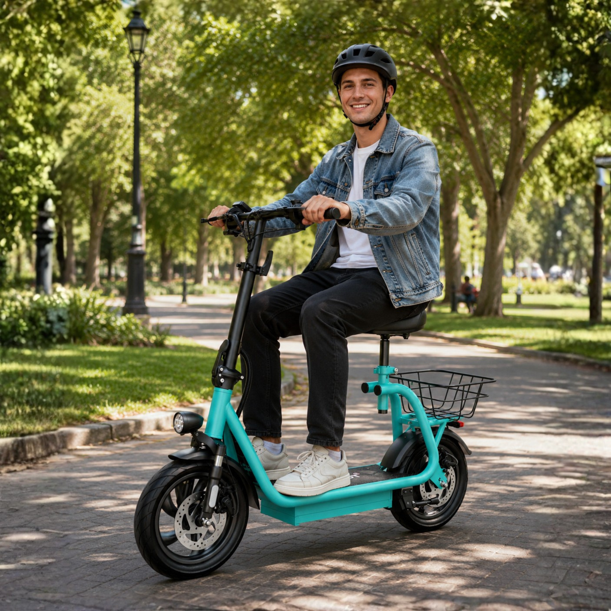 Uomo alla guida del monopattino elettrico Nanrobot M5 in un parco