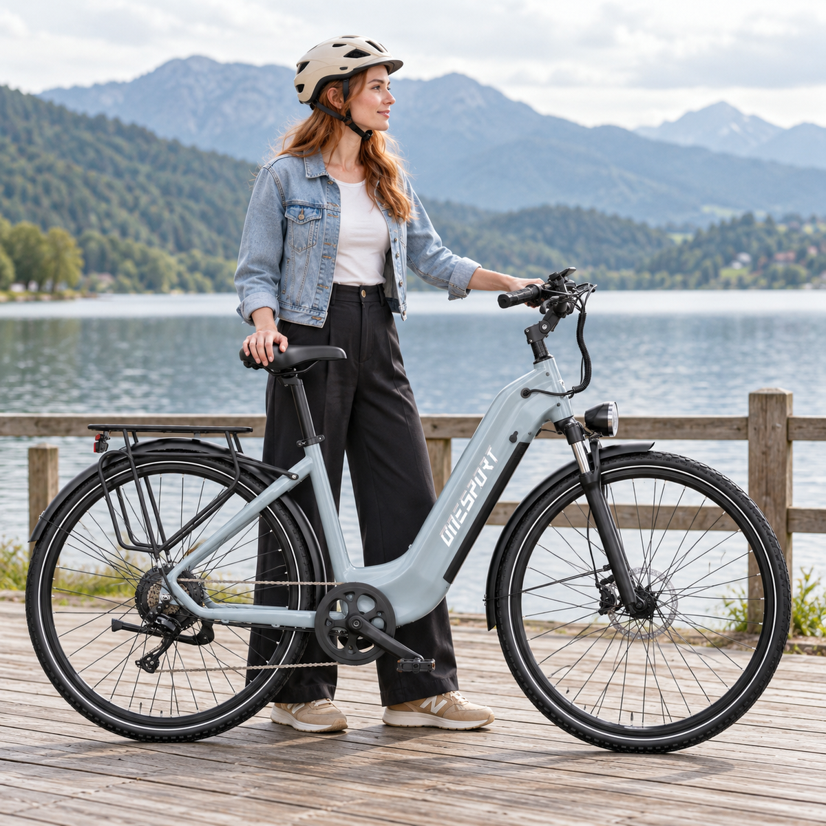 OneSport OT05 Max bicicletta elettrica grigio chiaro con telaio basso, accanto a una donna con casco su un molo vicino a un lago
