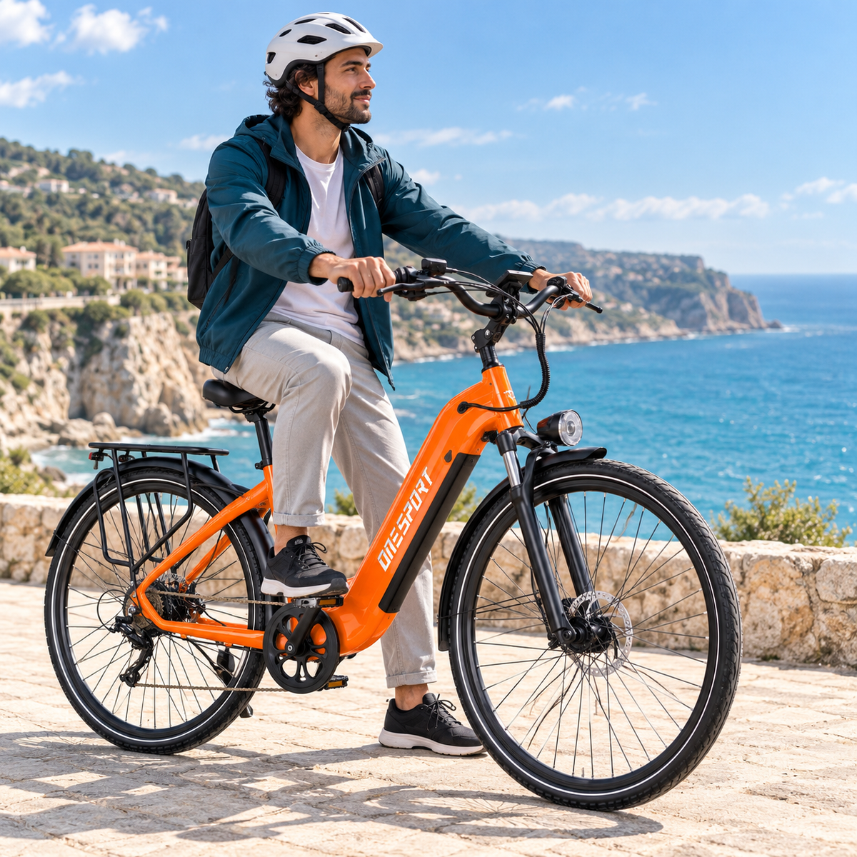 Uomo seduto su una OneSport OT05 Max arancione in riva al mare con scogli sullo sfondo