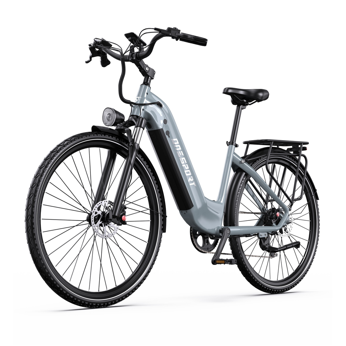 OneSport OT05 Max bicicletta elettrica grigia con telaio aperto, vista diagonale anteriore con faro anteriore, parafanghi e portapacchi