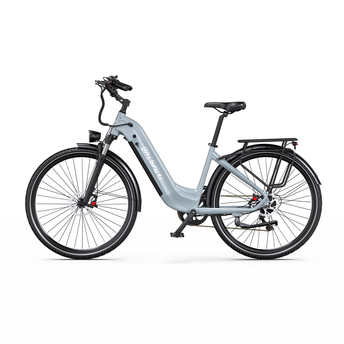 OneSport OT05 Max bicicletta elettrica grigia con telaio a gradino basso, vista di lato