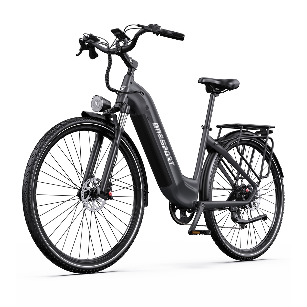 OneSport OT05 Max bicicletta elettrica vista diagonale anteriore con telaio aperto, faro anteriore e portapacchi