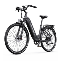OneSport OT05 Max bicicletta elettrica vista diagonale anteriore con telaio aperto, faro anteriore e portapacchi