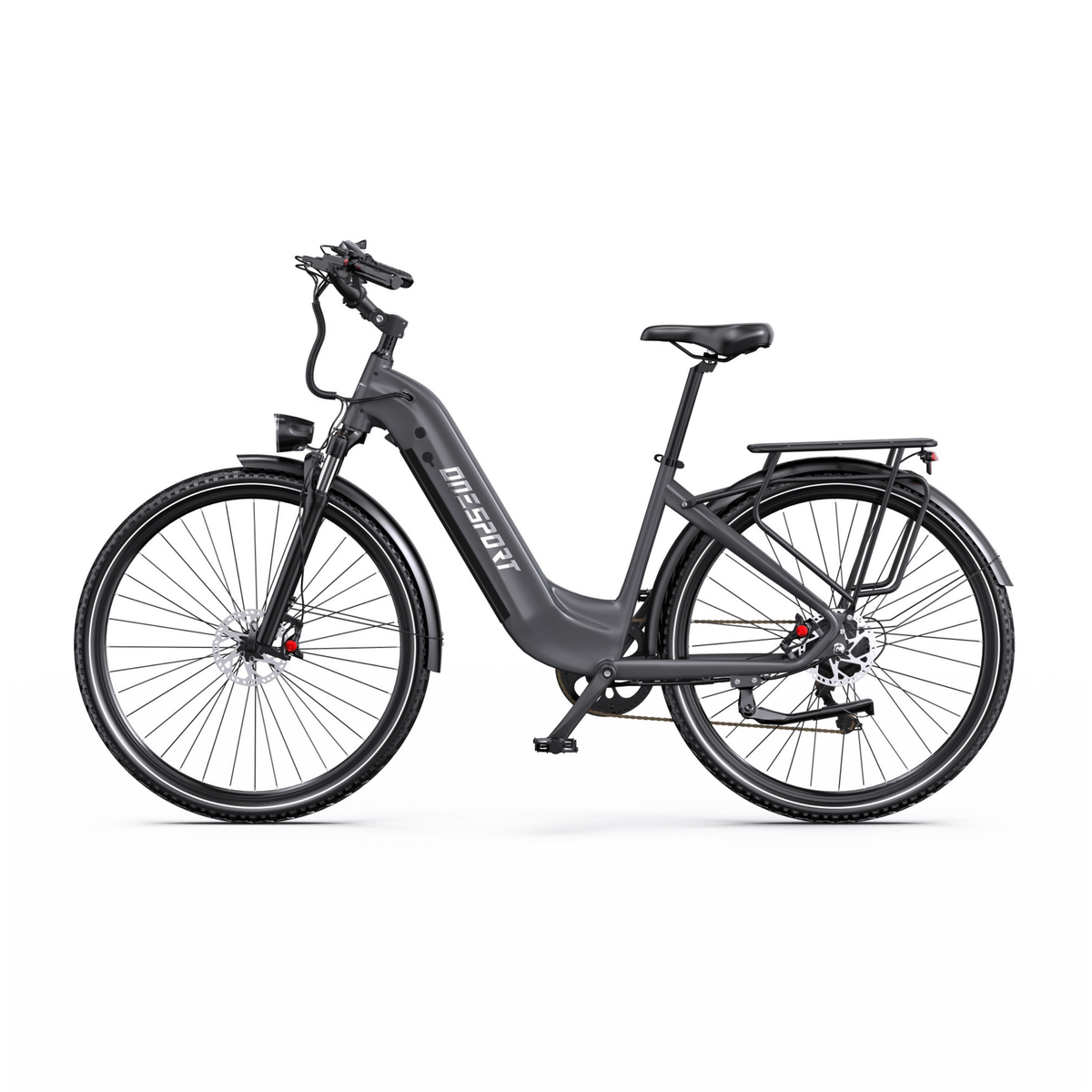 OneSport OT05 Max bicicletta elettrica grigia con telaio aperto in vista laterale da sinistra, con portapacchi e parafanghi