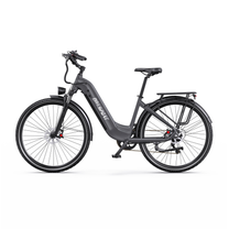 OneSport OT05 Max bicicletta elettrica grigia con telaio aperto in vista laterale da sinistra, con portapacchi e parafanghi