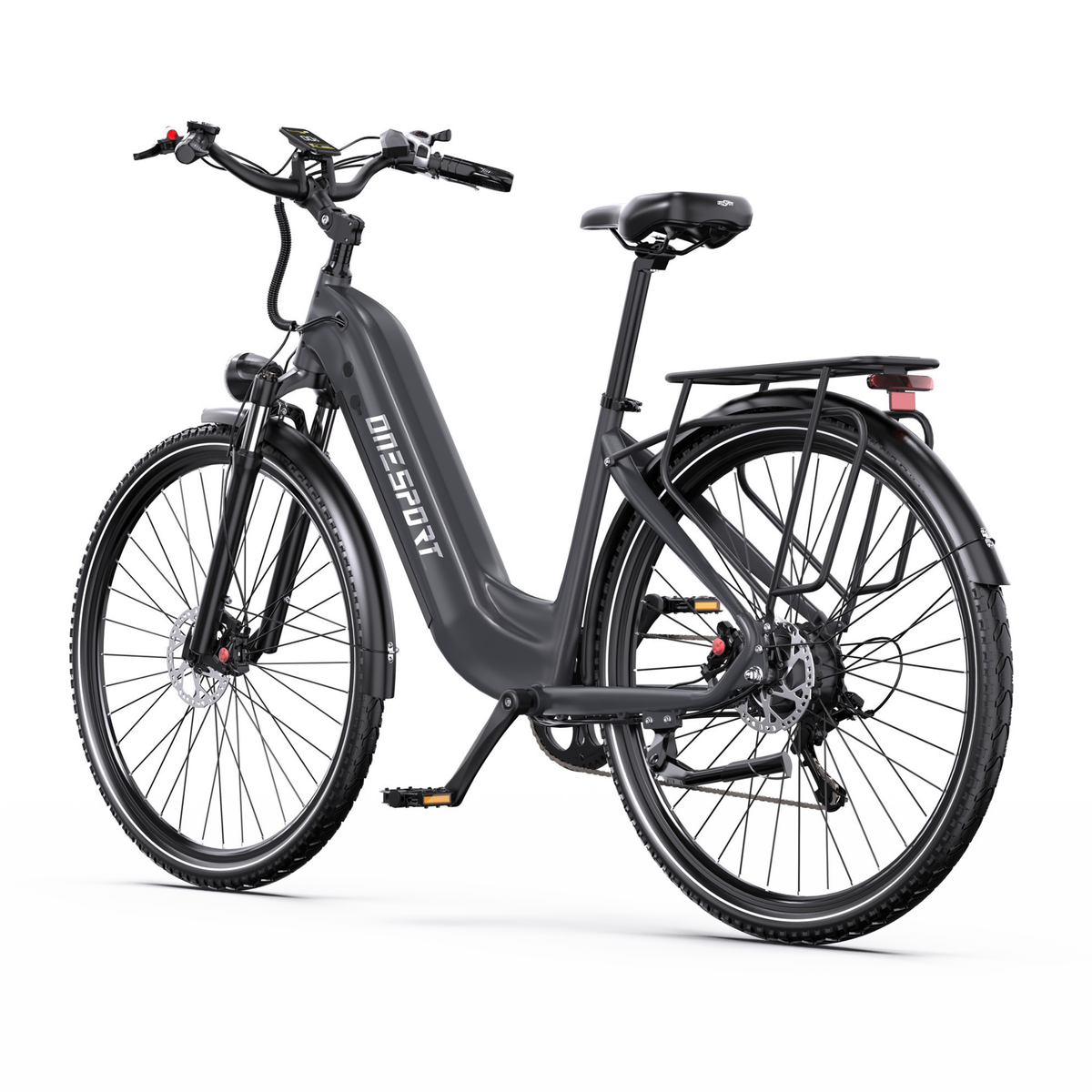 OneSport OT05 Max bicicletta elettrica grigia vista diagonale anteriore con manubrio, display, sella e portapacchi