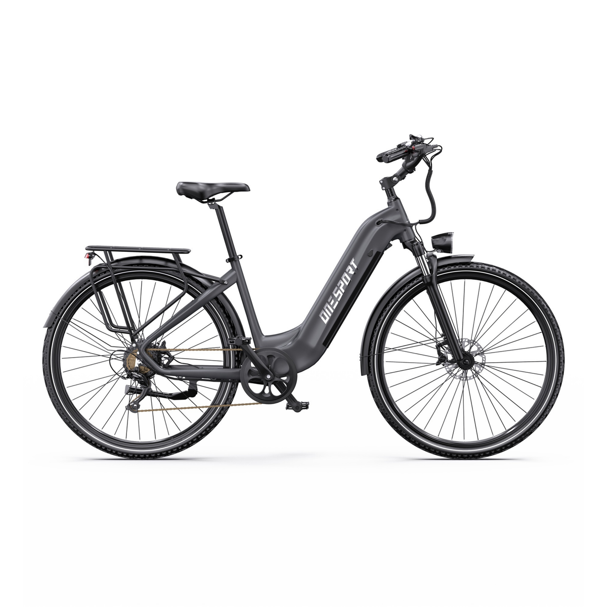 OneSport OT05 Max bicicletta elettrica grigia con telaio aperto in vista laterale da destra, con portapacchi e parafanghi