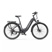 OneSport OT05 Max bicicletta elettrica grigia con telaio aperto in vista laterale da destra, con portapacchi e parafanghi