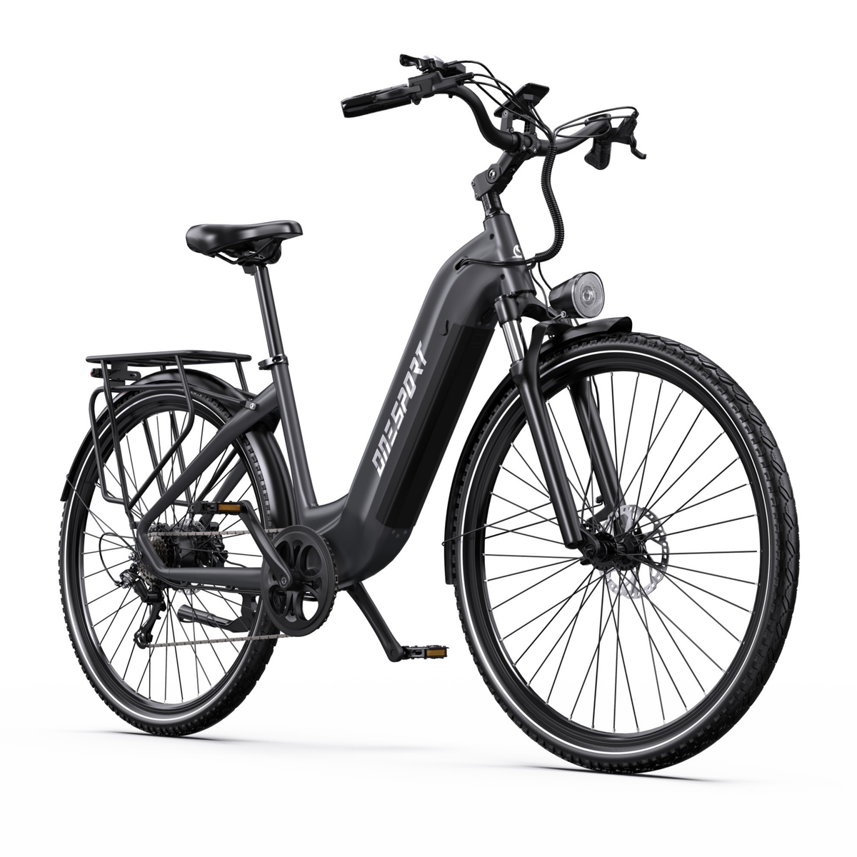 OneSport OT05 Max bicicletta elettrica nera, vista anteriore di tre quarti con telaio a passaggio ribassato, portapacchi e forcella anteriore