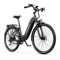 OneSport OT05 Max bicicletta elettrica nera, vista anteriore di tre quarti con telaio a passaggio ribassato, portapacchi e forcella anteriore