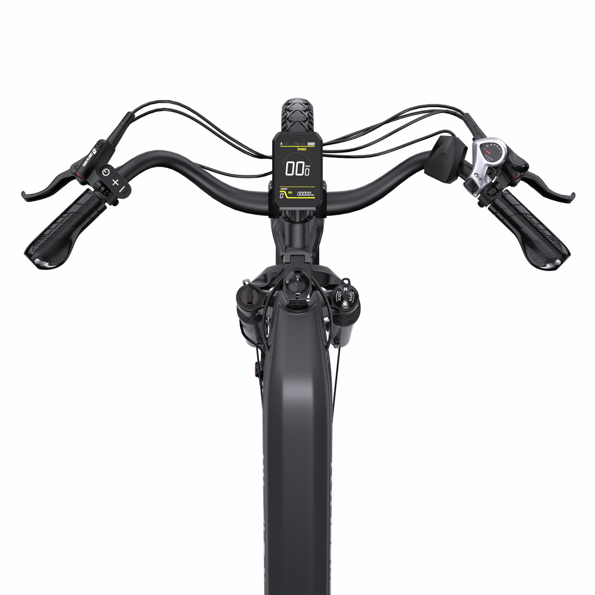 OneSport OT05 Max manubrio dall'alto con display, leve dei freni, comando del cambio e manopole ergonomiche