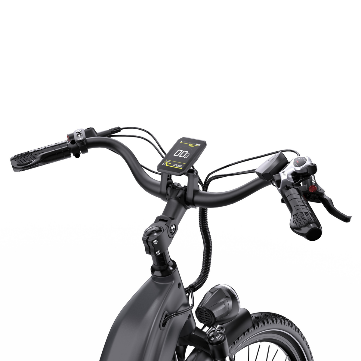 OneSport OT05 Max primo piano del manubrio con display, attacco manubrio e faro anteriore