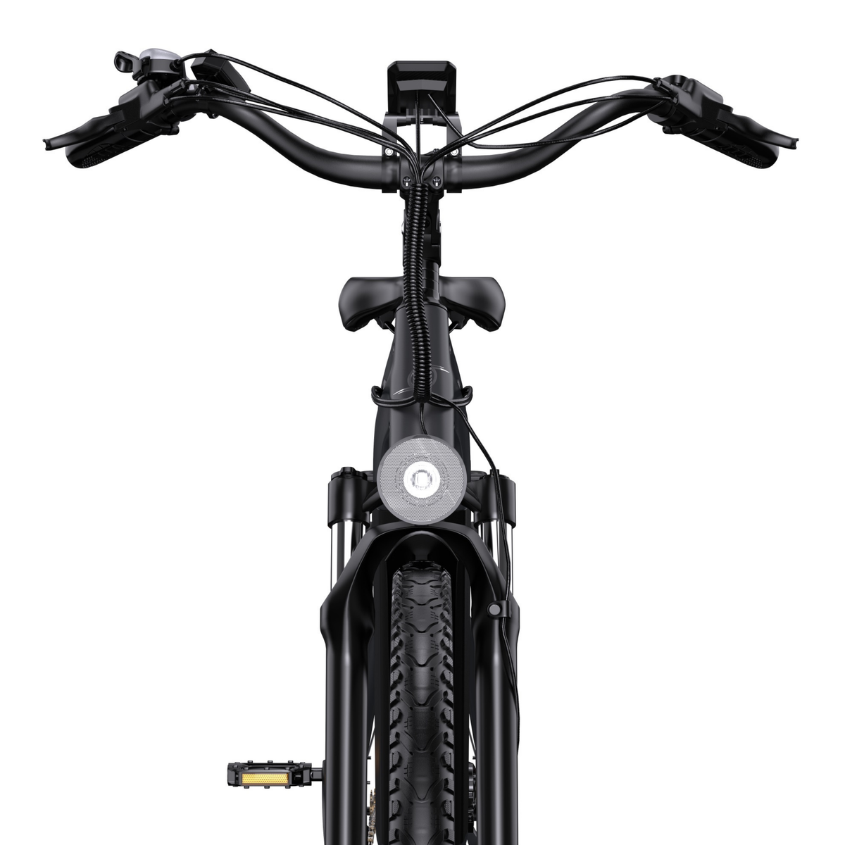 OneSport OT05 Max vista frontale con manubrio, display, faro anteriore, forcella anteriore e pneumatico anteriore
