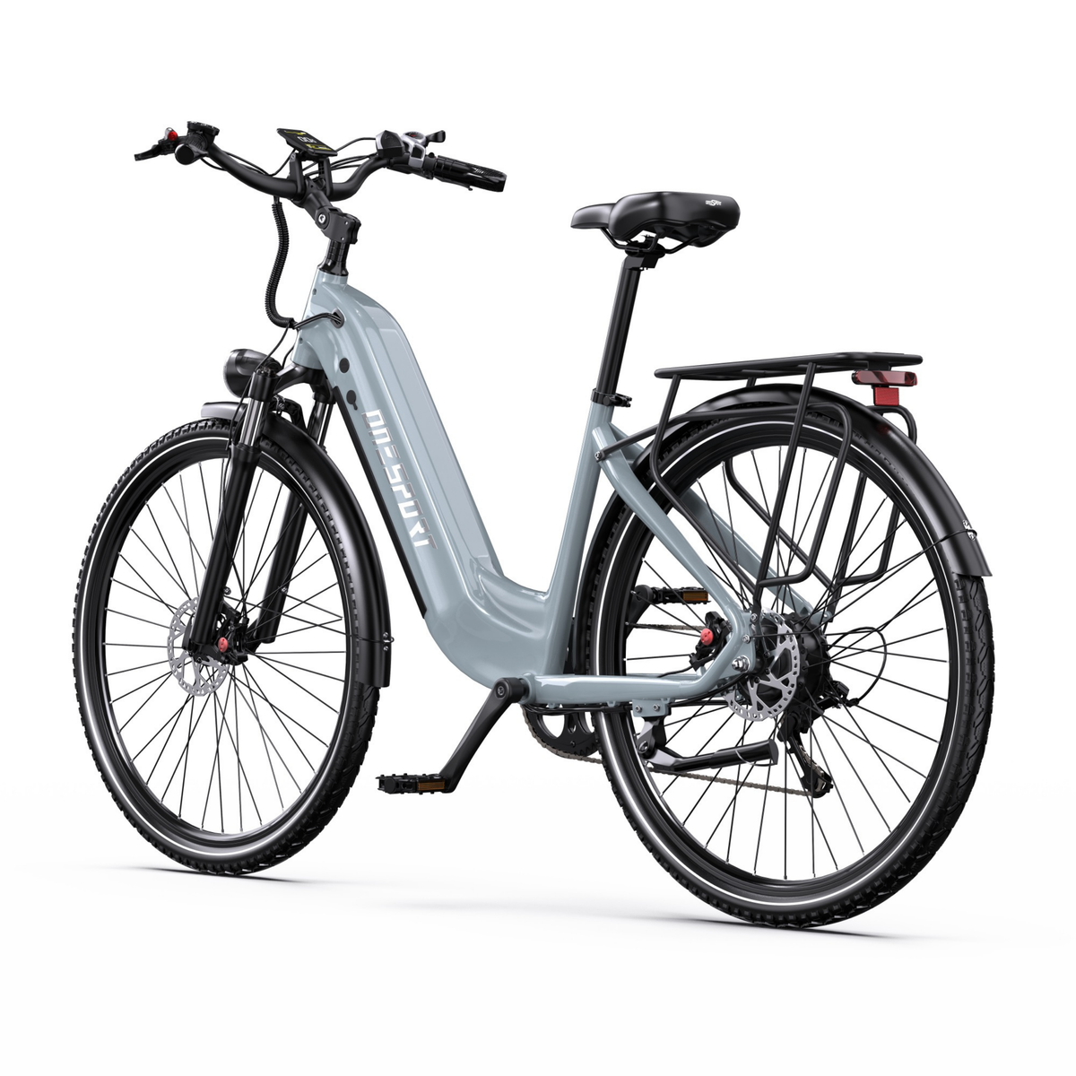 OneSport OT05 Max bicicletta elettrica grigia vista diagonale posteriore con portapacchi, fanale posteriore e sella