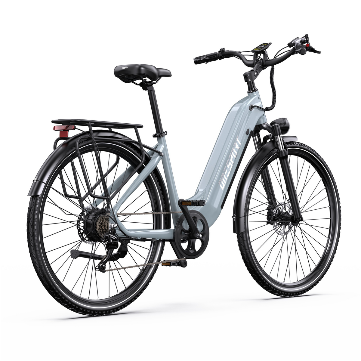 OneSport OT05 Max bicicletta elettrica grigia vista diagonale posteriore da destra con catena, portapacchi e display sul manubrio