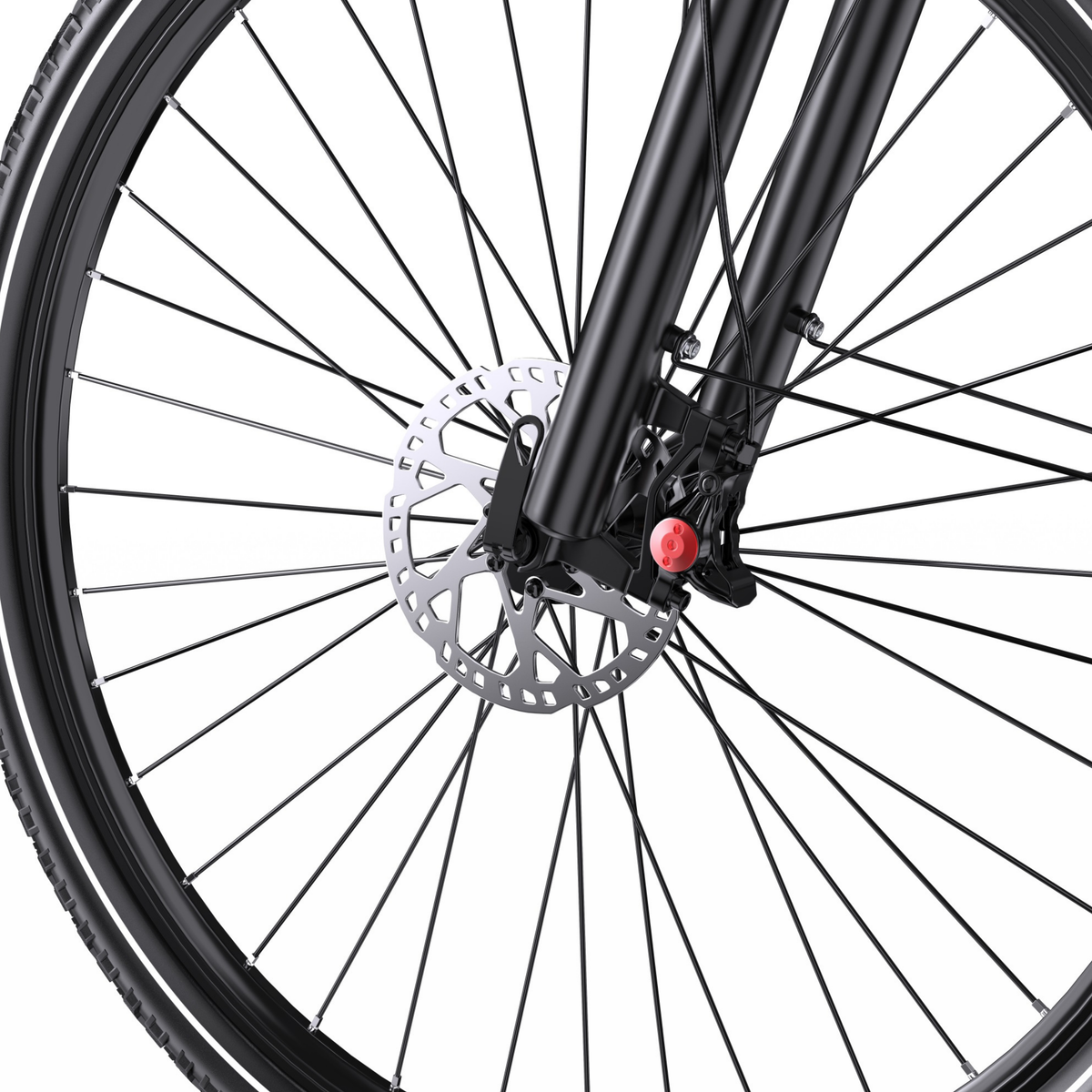 OneSport OT05 Max primo piano della ruota anteriore con forcella anteriore, disco freno e pinza freno