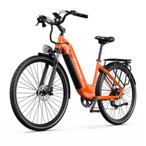 OneSport OT05 Max bicicletta elettrica arancione con telaio a passaggio ribassato, vista anteriore di tre quarti
