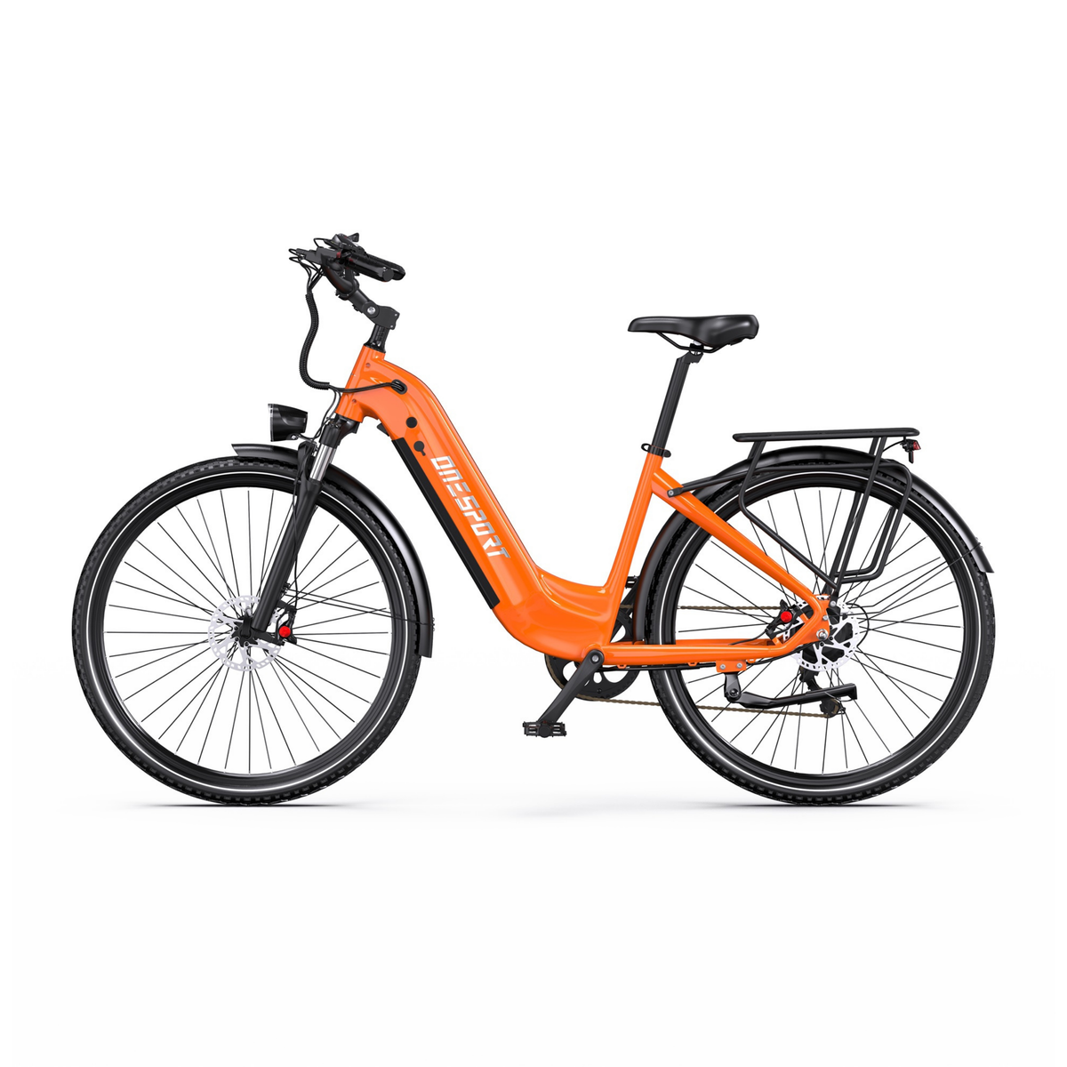 OneSport OT05 Max bicicletta elettrica arancione con telaio a passaggio ribassato, vista laterale