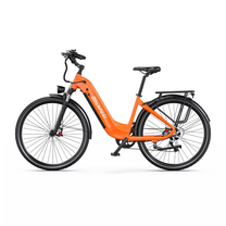 OneSport OT05 Max bicicletta elettrica arancione con telaio a passaggio ribassato, vista laterale