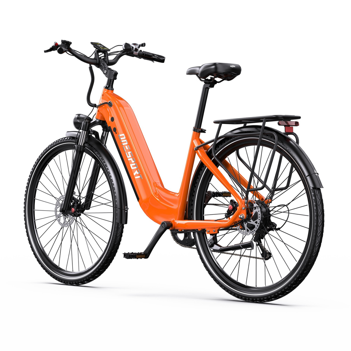 OneSport OT05 Max bicicletta elettrica arancione, vista posteriore di tre quarti con portapacchi e fanale posteriore