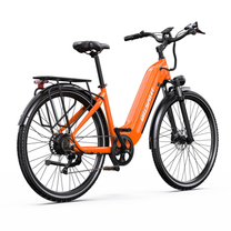 OneSport OT05 Max bicicletta elettrica arancione, vista posteriore di tre quarti dall'altro lato con portapacchi